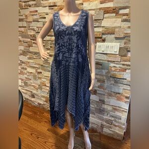 Johnny Was Navy Floral Lace Asymmetrical Hem Dress